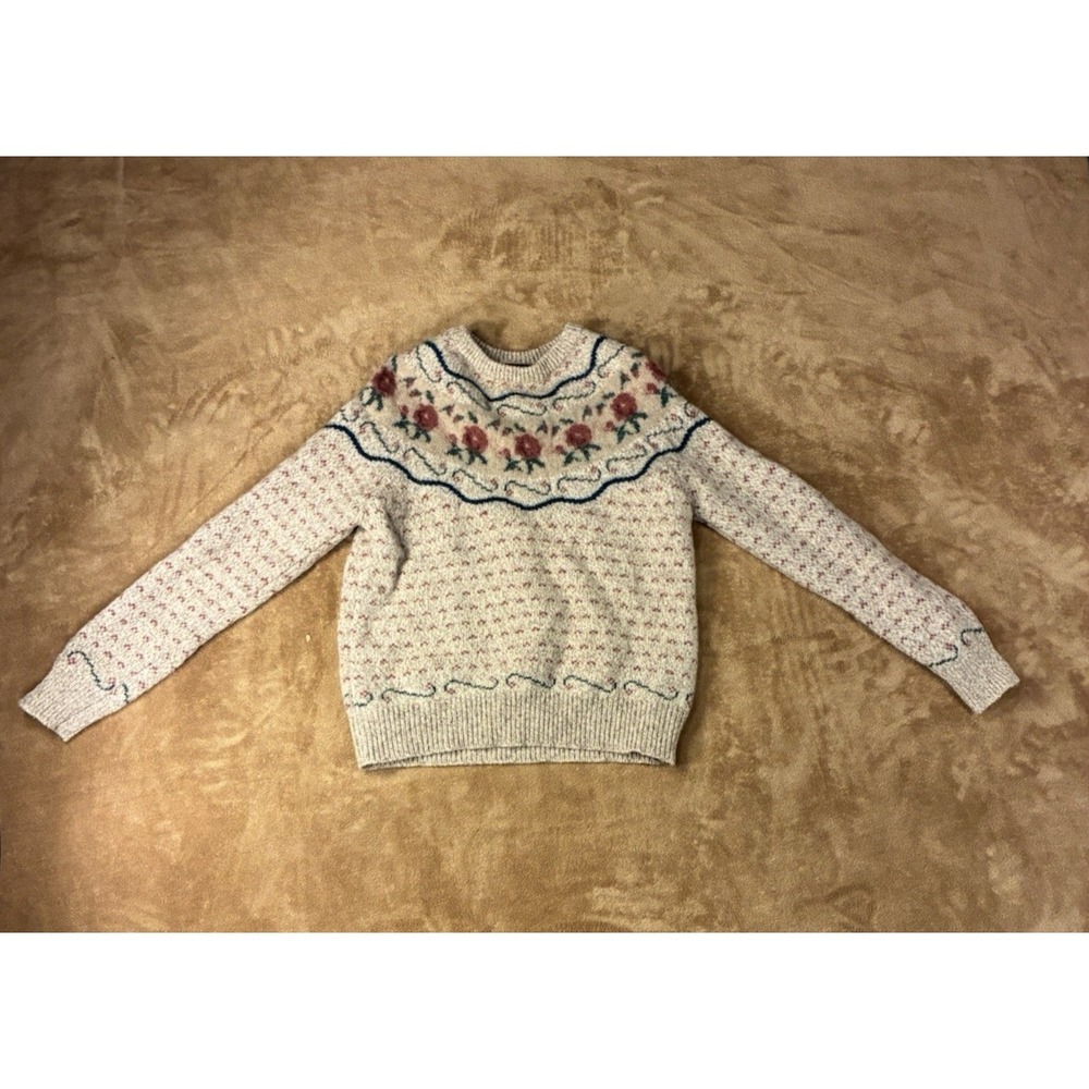VTG Eddie Bauer Wool Blend Floral Fair Isle Womens Sweater Oatmeal Beige Medium